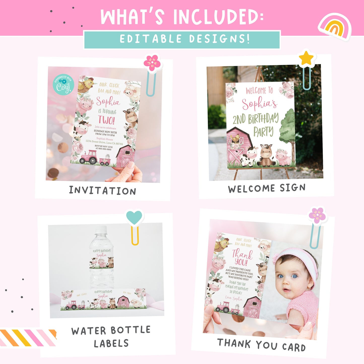 Girl Farm Birthday Bundle | Pink Barnyard Animals Party Decorations Package - 11A