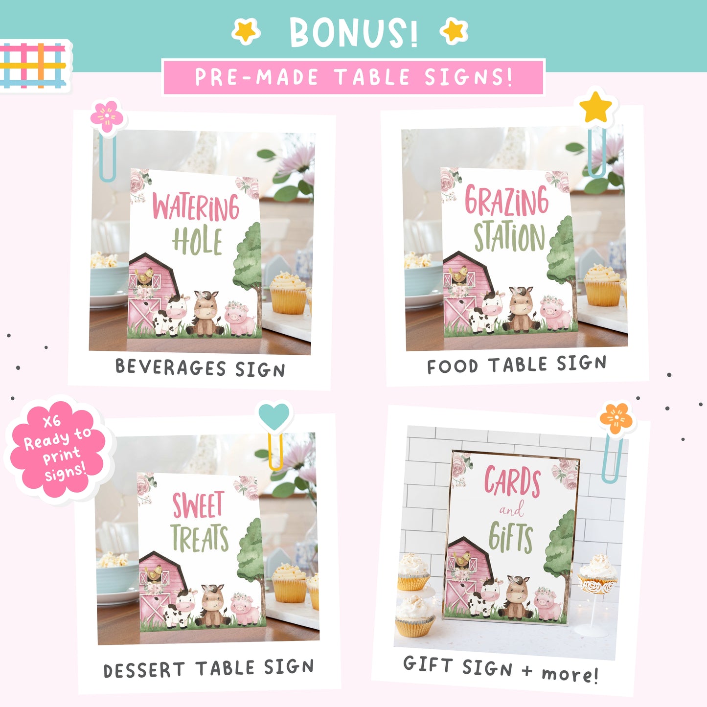 Girl Farm Birthday Bundle | Pink Barnyard Animals Party Decorations Package - 11A