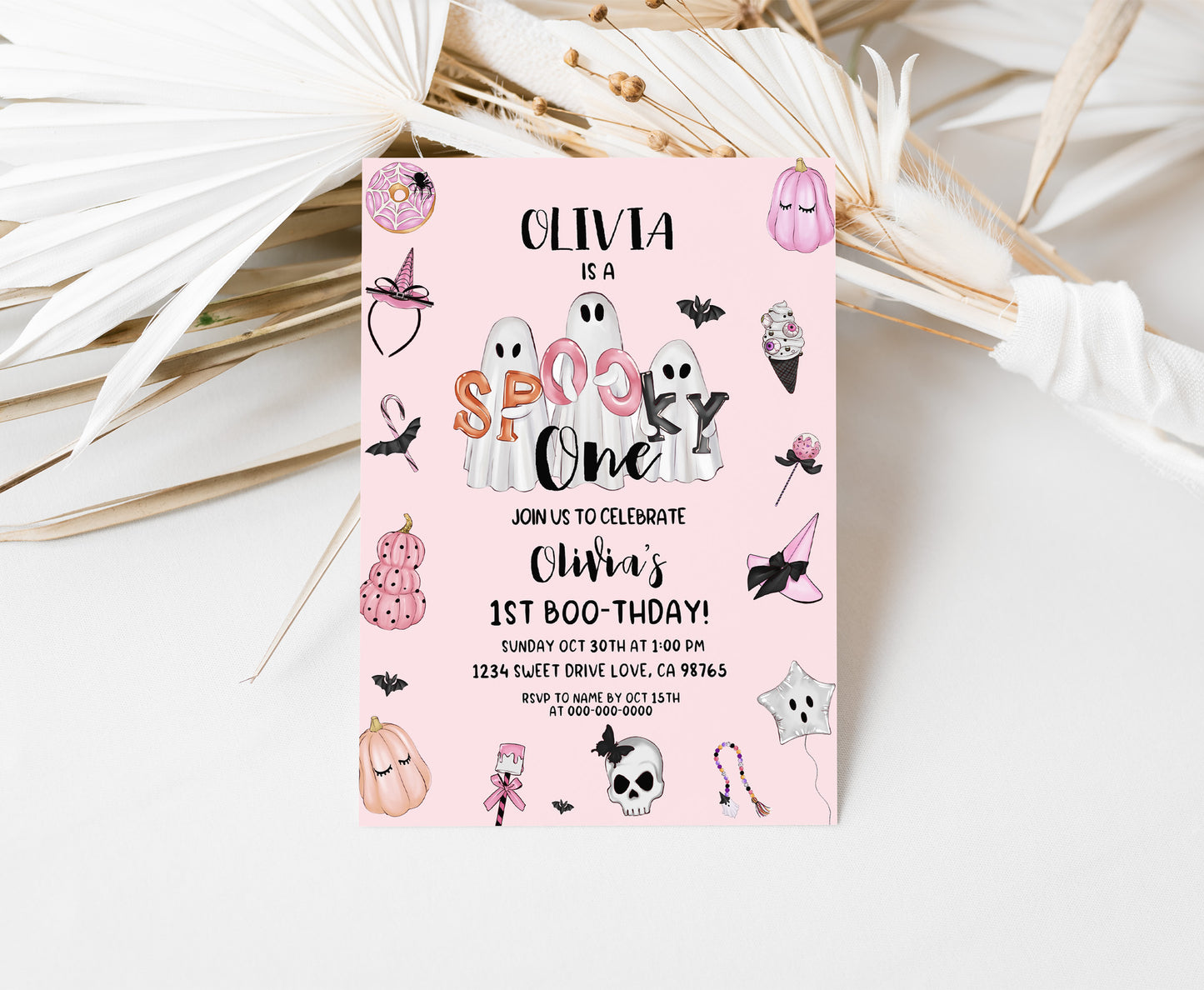 Pink Ghost Halloween Birthday Invitation | Girl Halloween Party Invite - 115S