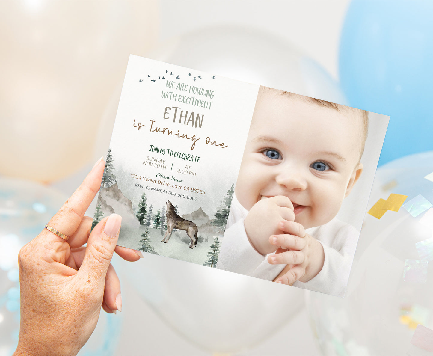 Editable Wolf Photo Invitation | Forest Birthday Invite - 47H