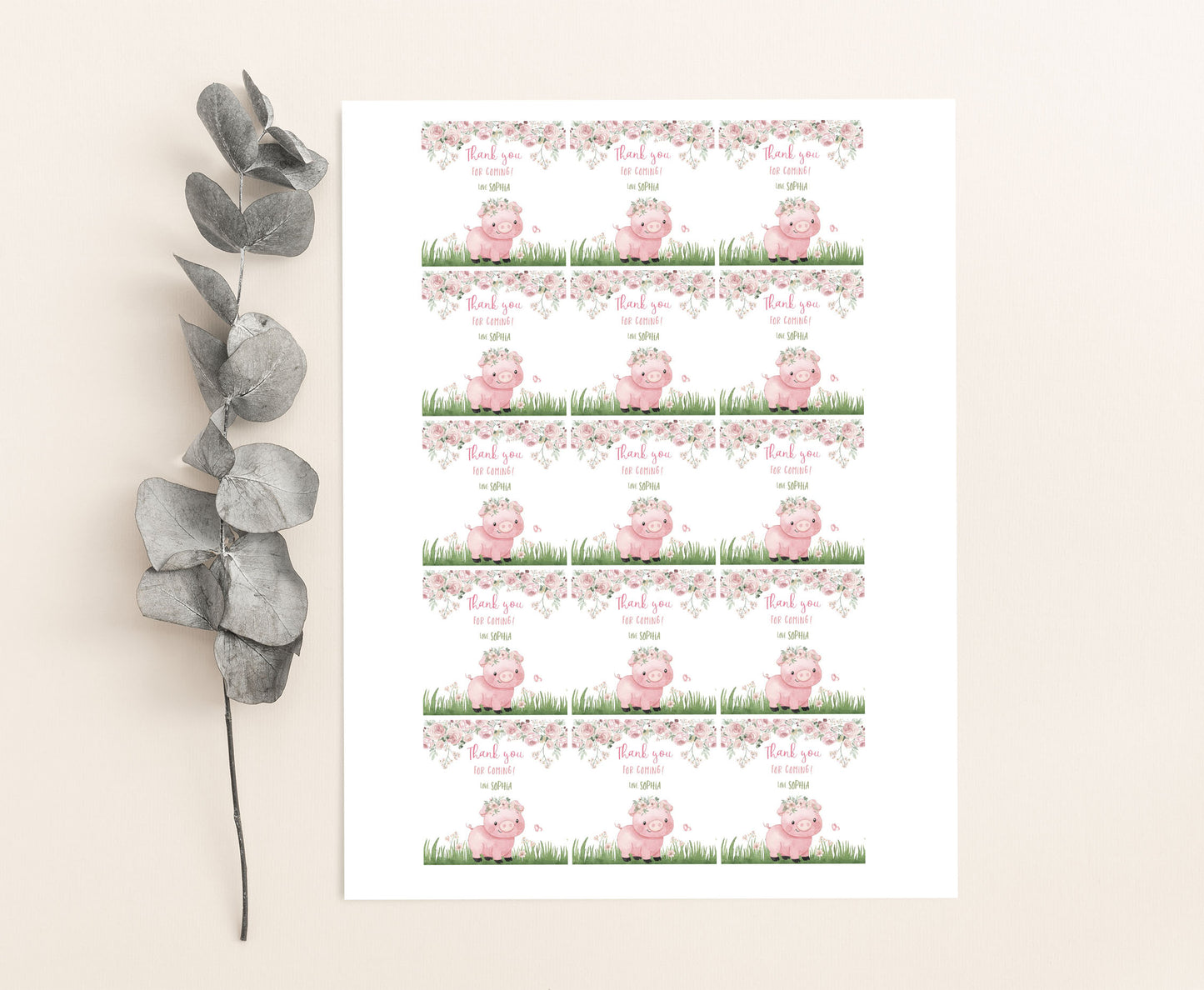 Editable Pig Thank You Tags 2"x2" Round and Square | Piggy Birthday stickers - 81A