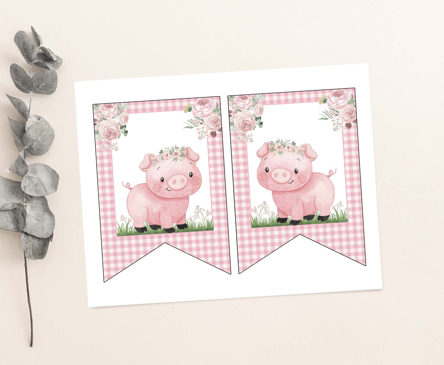 Editable Pig Banner | Floral Pig Party Decorations - 81A