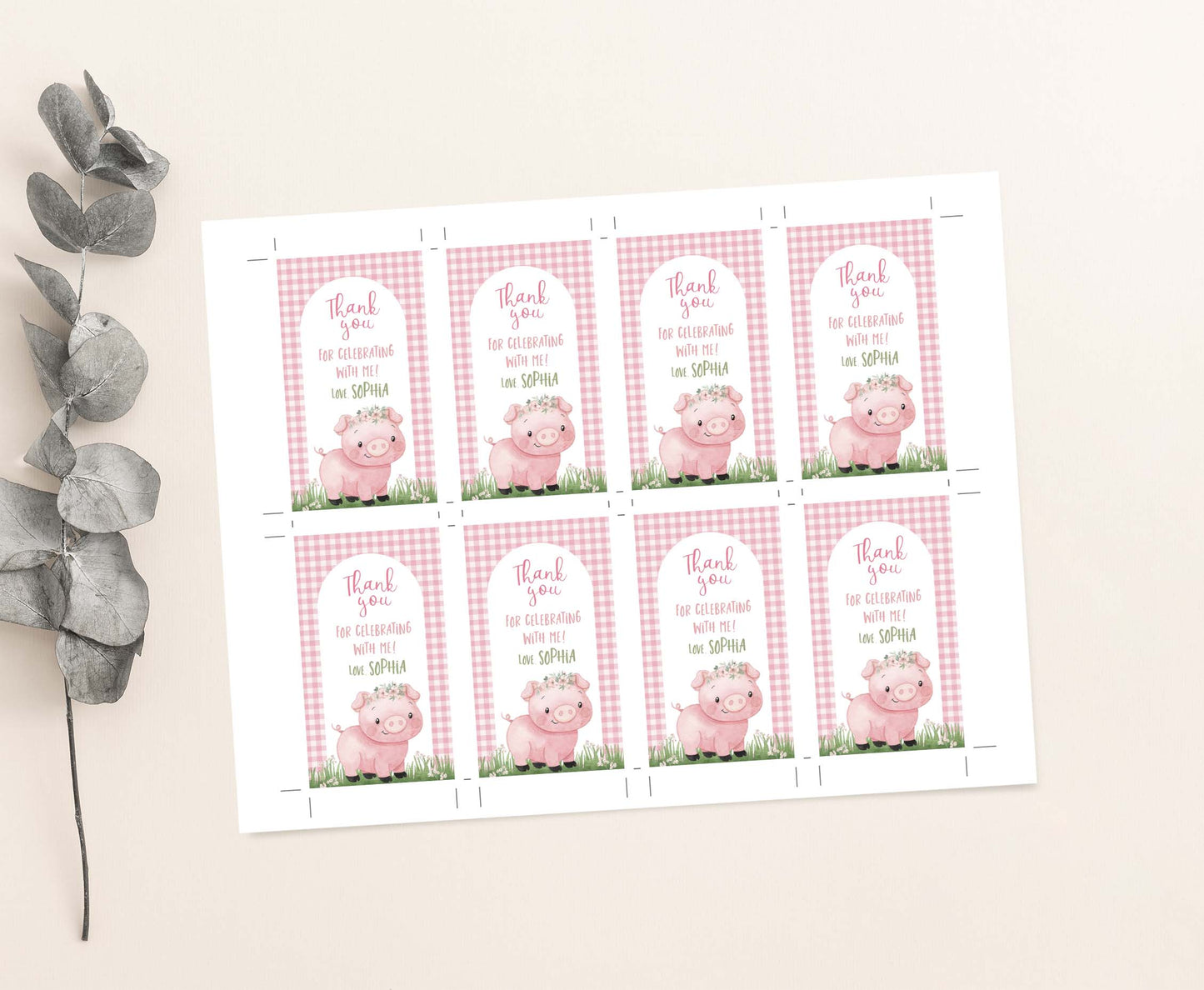 Editable Pink Pig Favor Tags | Pig birthday thank you tags - 81A