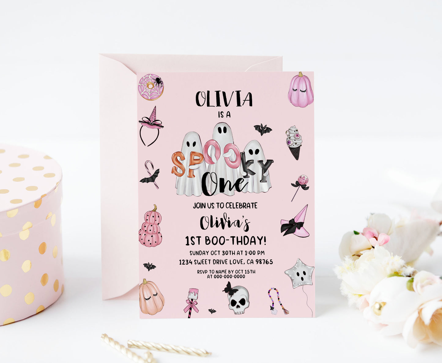 Pink Ghost Halloween Birthday Invitation | Girl Halloween Party Invite - 115S