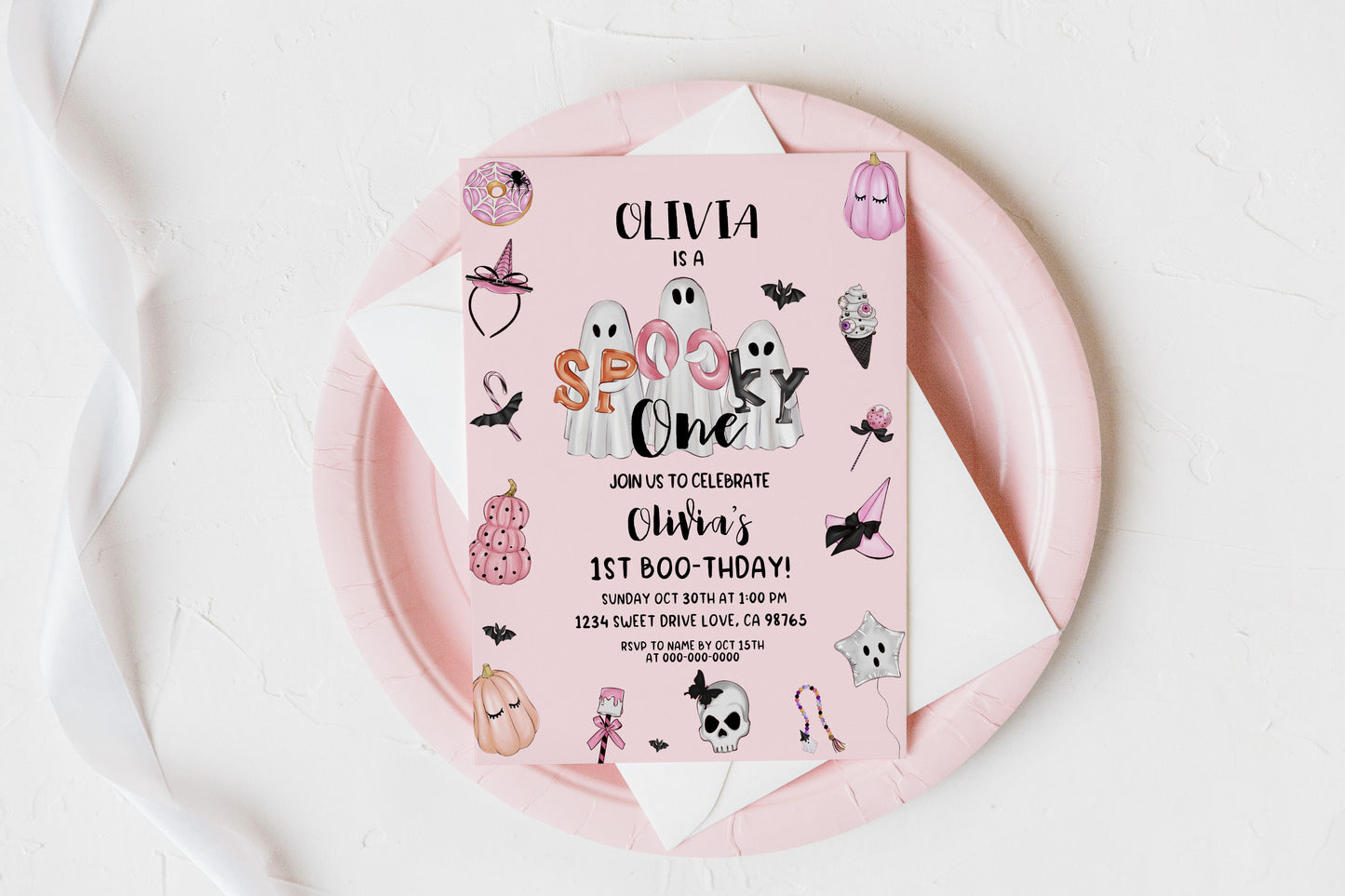 Pink Ghost Halloween Birthday Invitation | Girl Halloween Party Invite - 115S
