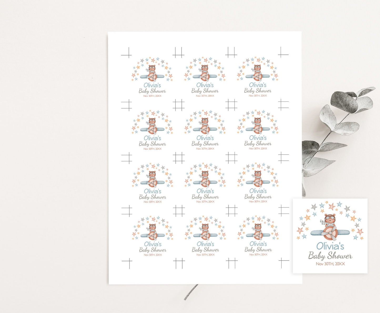 Editable Aviator Thank You Tags 2"x2" Round and Square | Bear baby shower stickers - 76C
