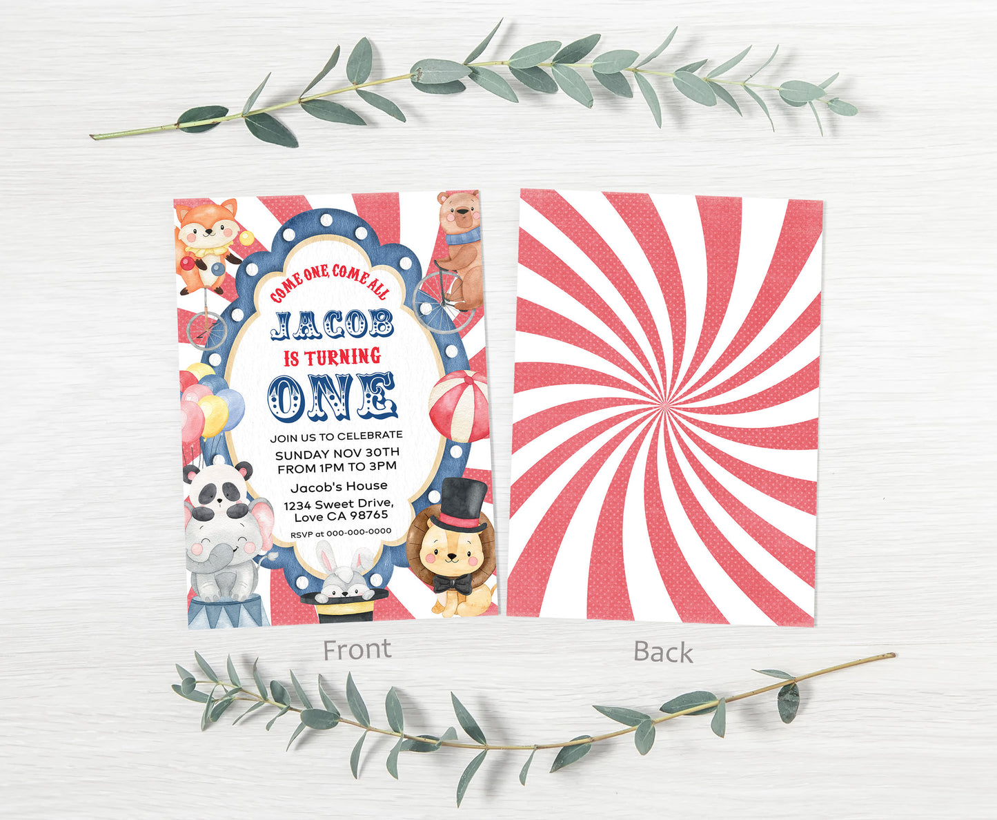 Circus First Birthday Invitation | Editable Carnival Party Invite - 06A