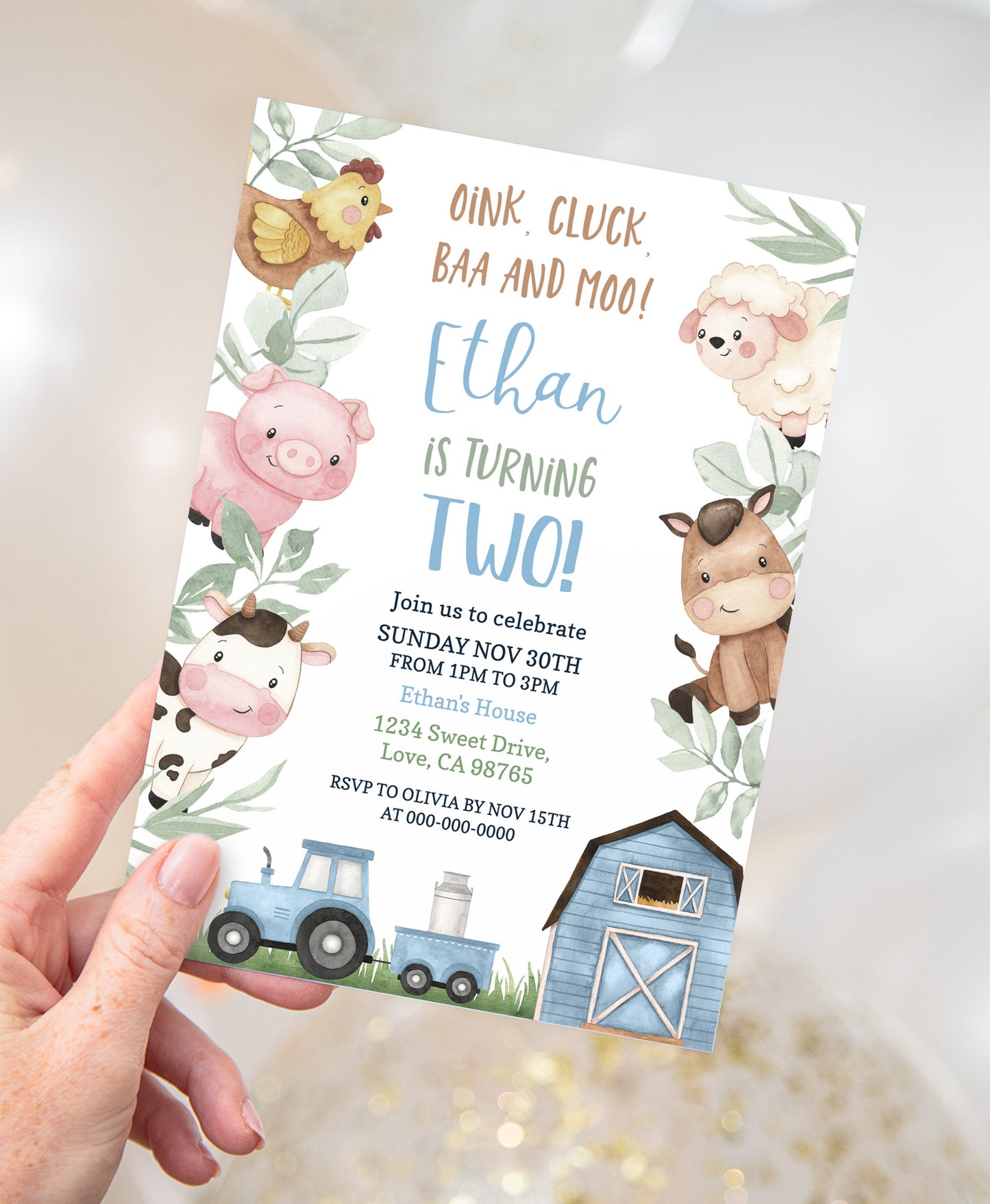 Boy Farm Birthday Party Invitation | Editable Blue Barnyard Birthday Invite - 11J