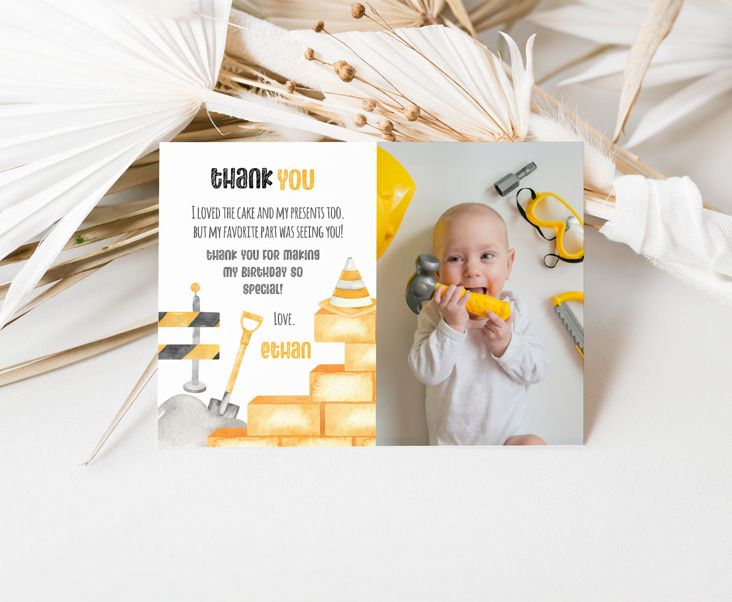 Construction Photo Thank You Card | Editable Under Construction Birthday Thank You Note - 07A