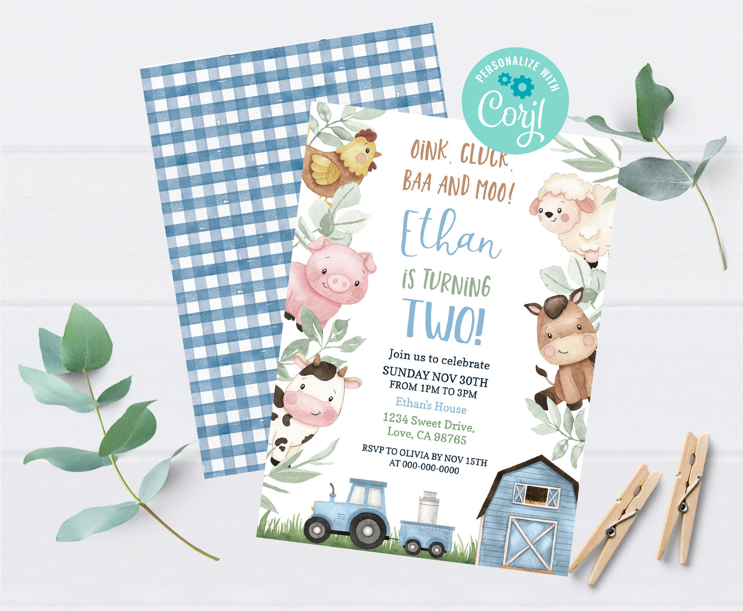 Boy Farm Birthday Party Invitation | Editable Blue Barnyard Birthday Invite - 11J