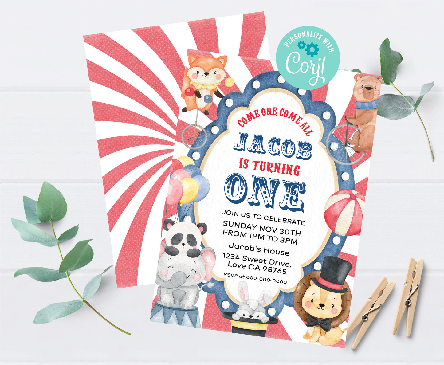 Circus First Birthday Invitation | Editable Carnival Party Invite - 06A