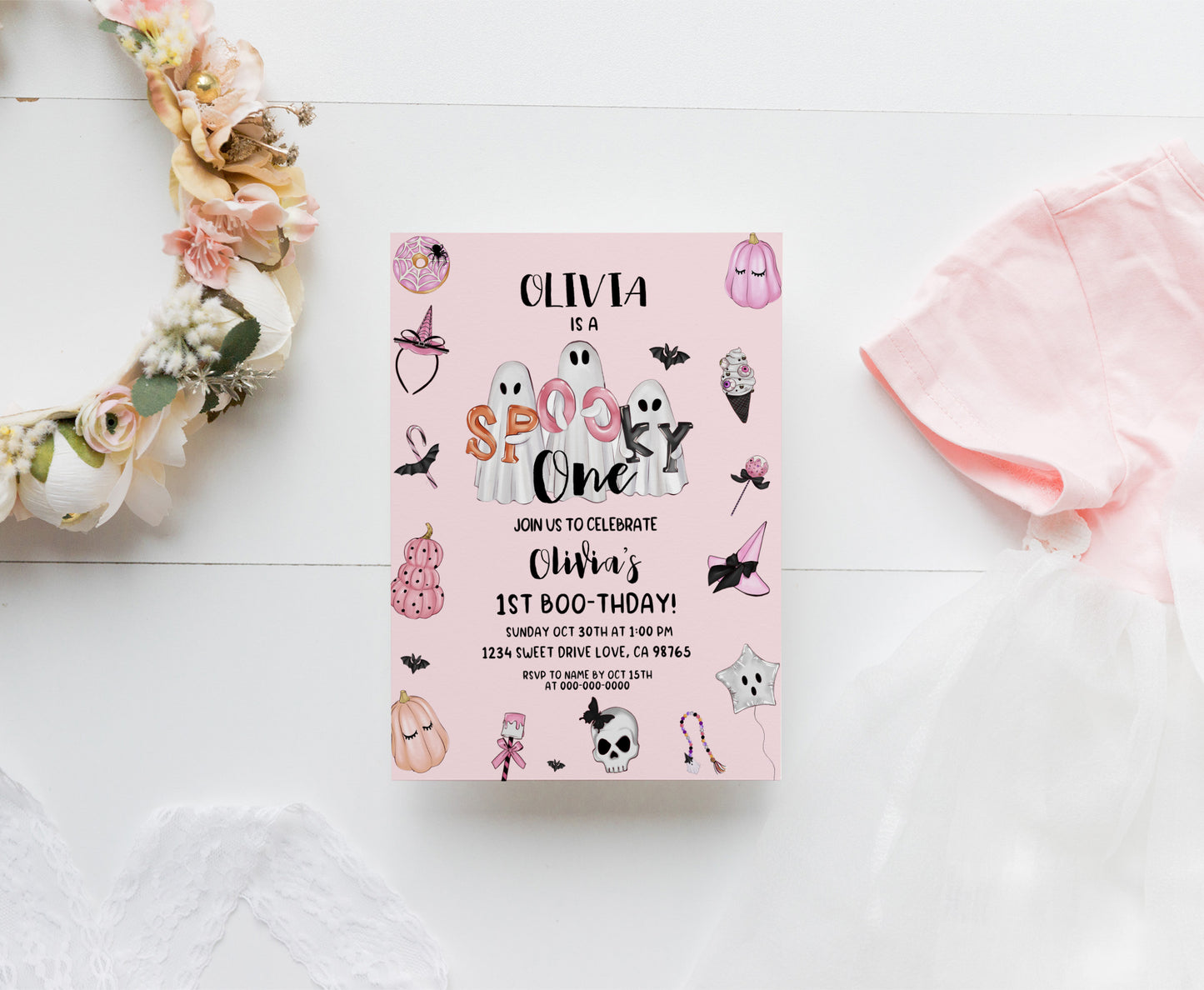 Pink Ghost Halloween Birthday Invitation | Girl Halloween Party Invite - 115S