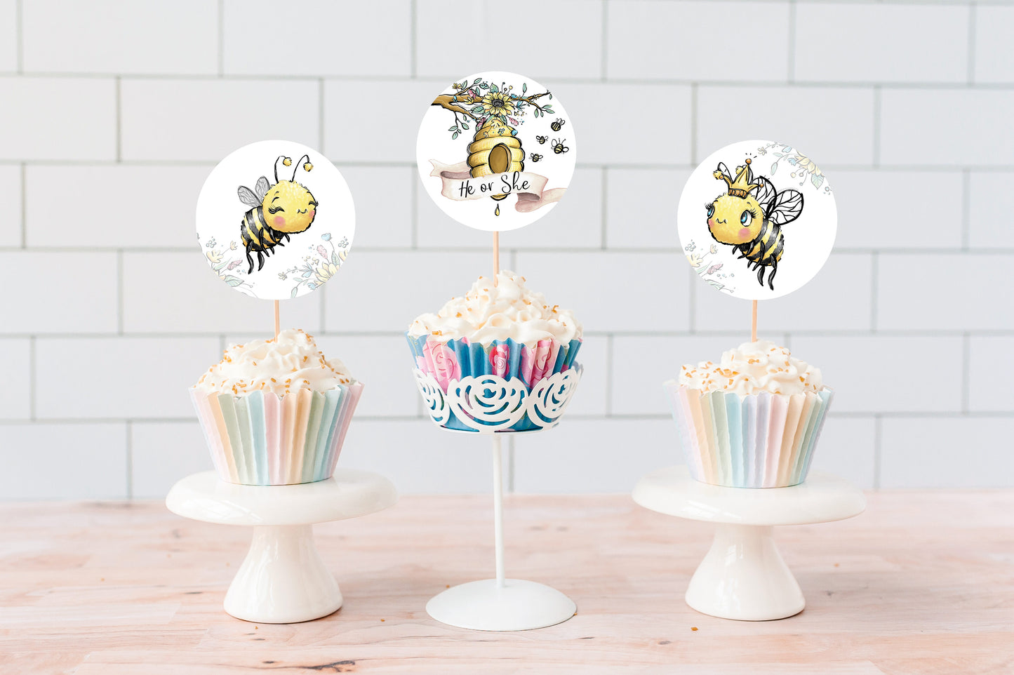 What Will Baby Bee Gender Reveal Cupcake Toppers | Bee He or She Cupcake Picks - 61A