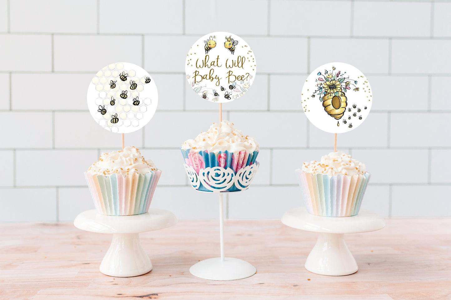 What Will Baby Bee Gender Reveal Cupcake Toppers | Bee He or She Cupcake Picks - 61A