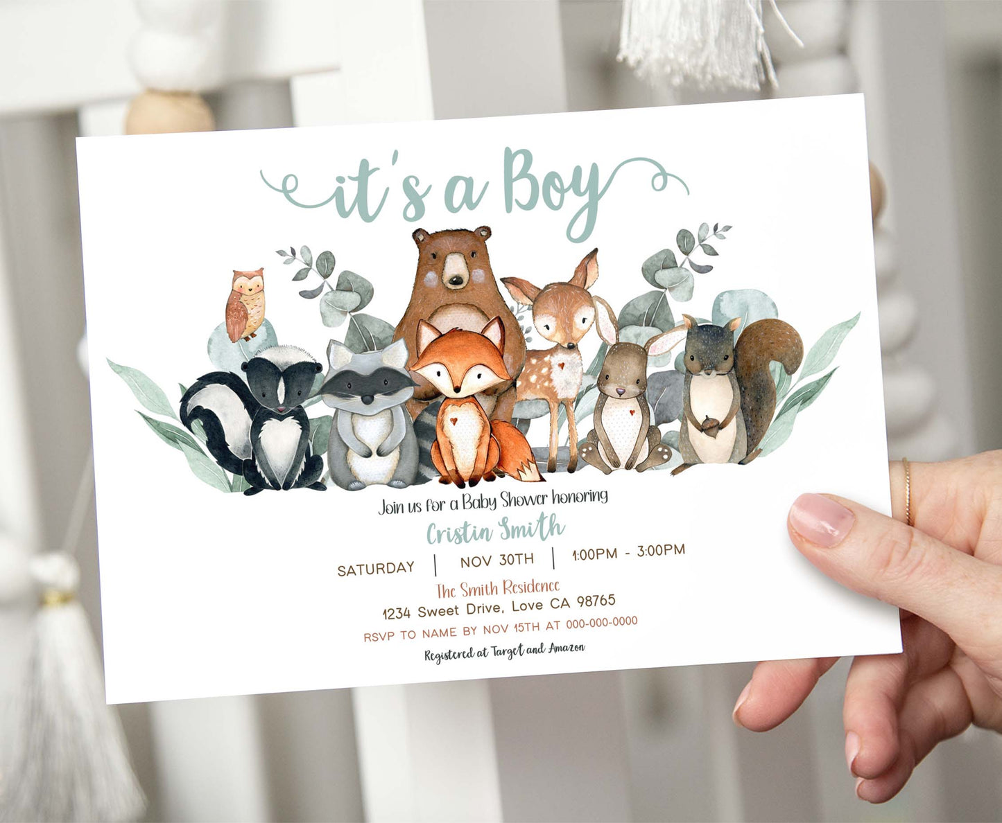 Eucalyptus Woodland Baby Shower Invitation | Editable Greenery Woodland Baby Shower Invite - 47J1