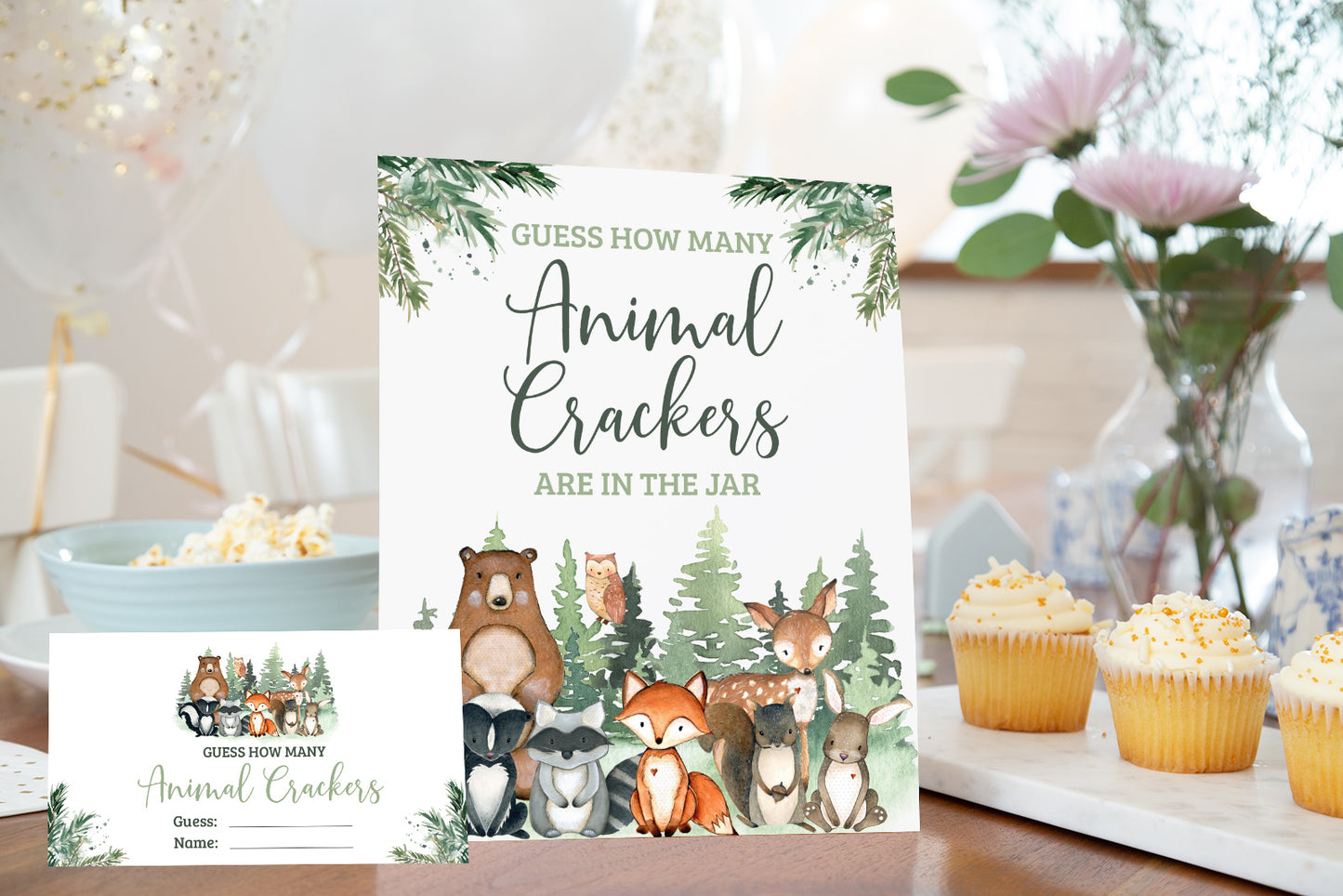 Guess How Many Animal Crackers Sign and Cards | Woodland Party Game - 47J2