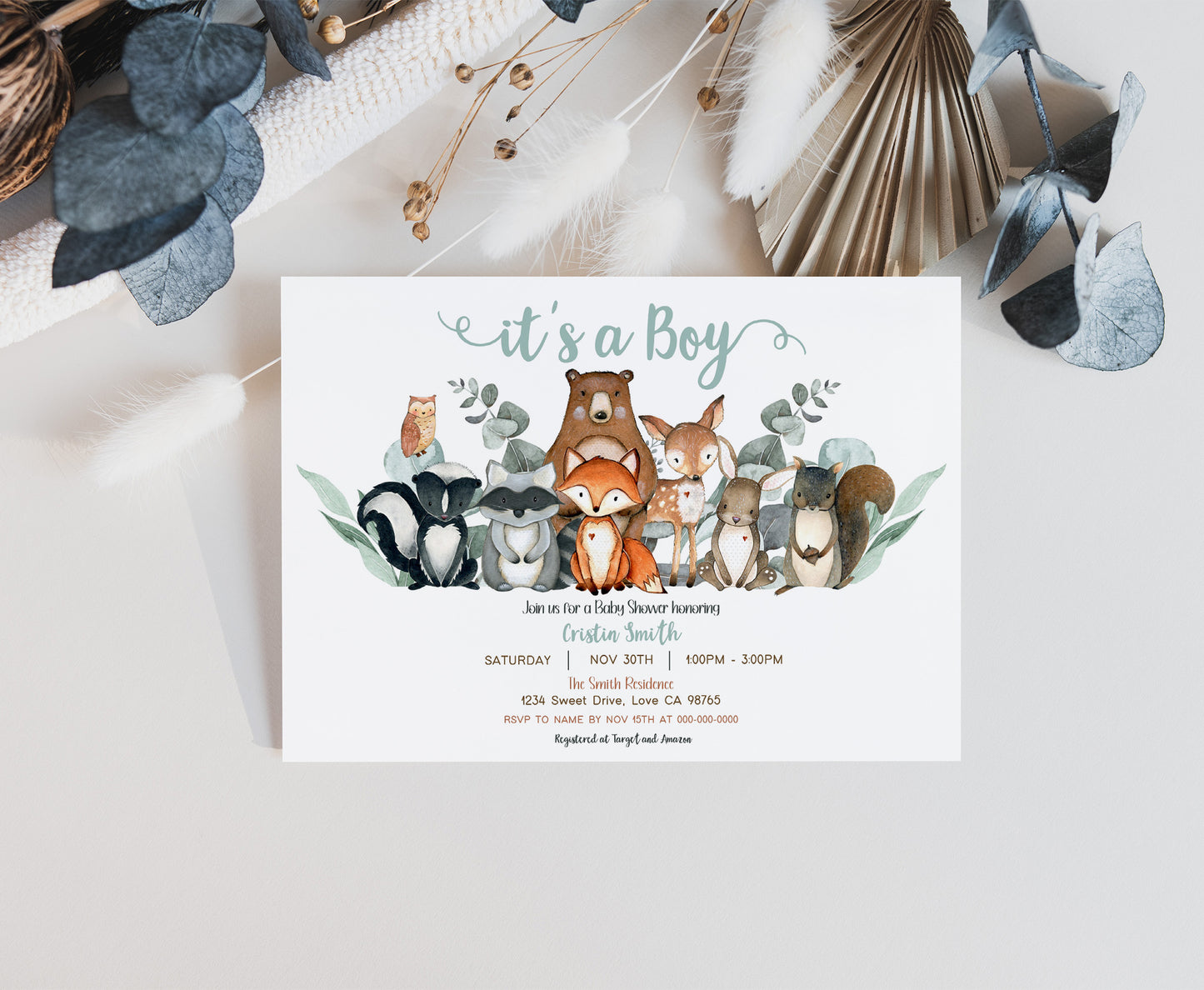 Eucalyptus Woodland Baby Shower Invitation | Editable Greenery Woodland Baby Shower Invite - 47J1