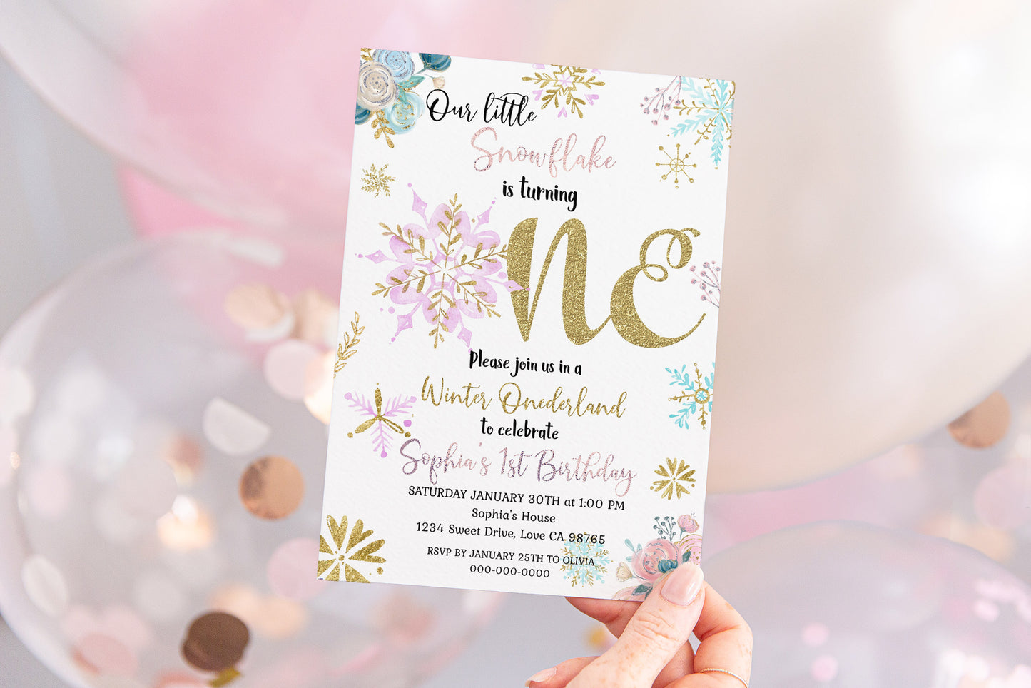 Winter Onederland Party Invitation | Editable Snowflake 1st Birthday Invite - 46A