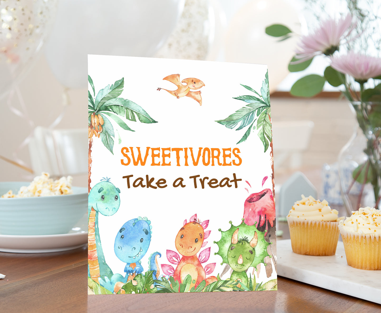 Dinosaur Sweetivores take a Treat Sign | Dino Themed Party Table Decorations - 08A