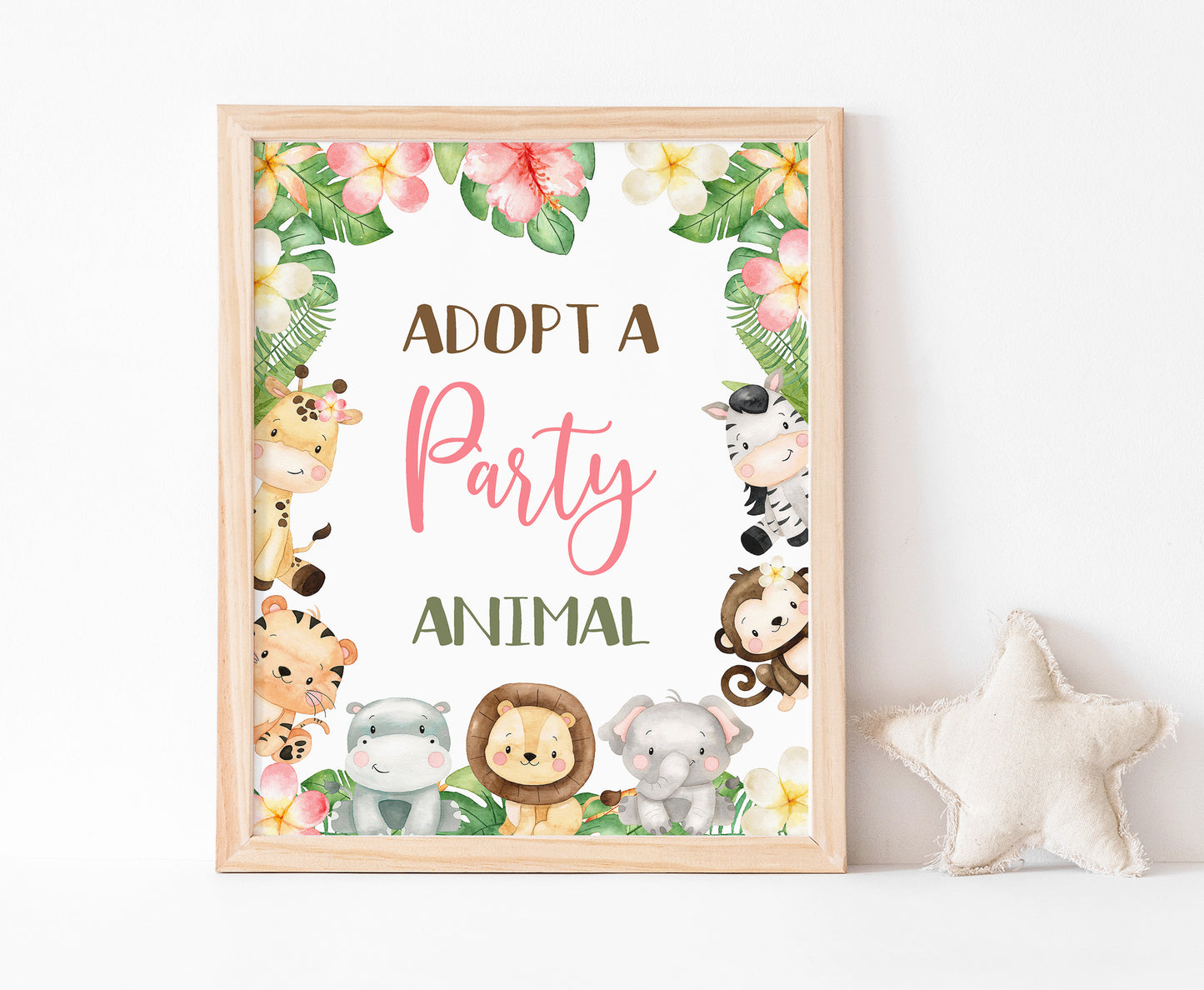 Safari Adopt an Animal Sign | Girl Jungle Animals Party Table Decorations - 35E