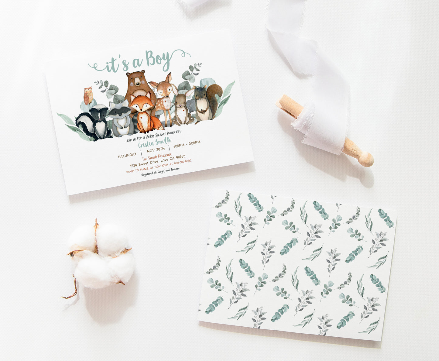 Eucalyptus Woodland Baby Shower Invitation | Editable Greenery Woodland Baby Shower Invite - 47J1