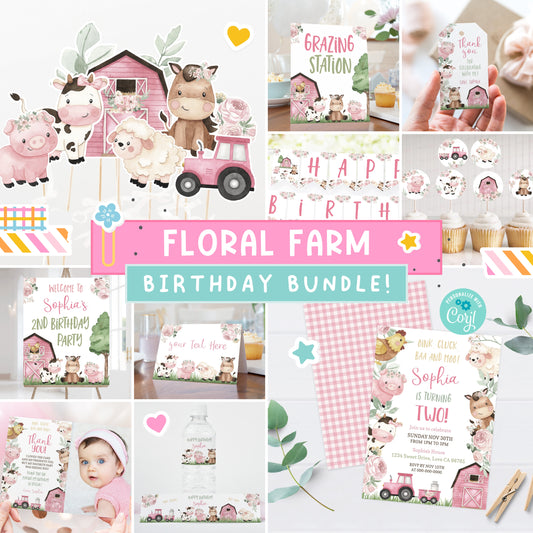 Girl Farm Birthday Bundle | Pink Barnyard Animals Party Decorations Package - 11A