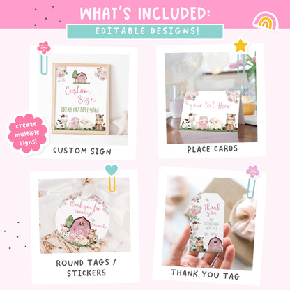 Girl Farm Birthday Bundle | Pink Barnyard Animals Party Decorations Package - 11A
