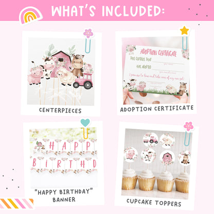Girl Farm Birthday Bundle | Pink Barnyard Animals Party Decorations Package - 11A
