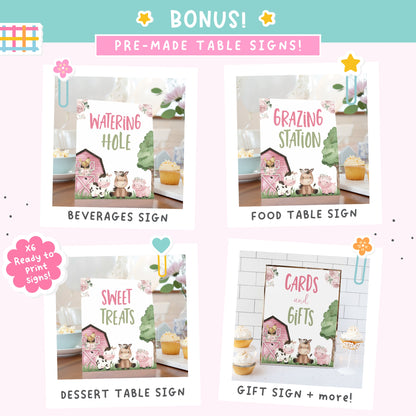 Girl Farm 1st Birthday Bundle | Pink Barnyard Animals One Year Party Decorations Package - 11A