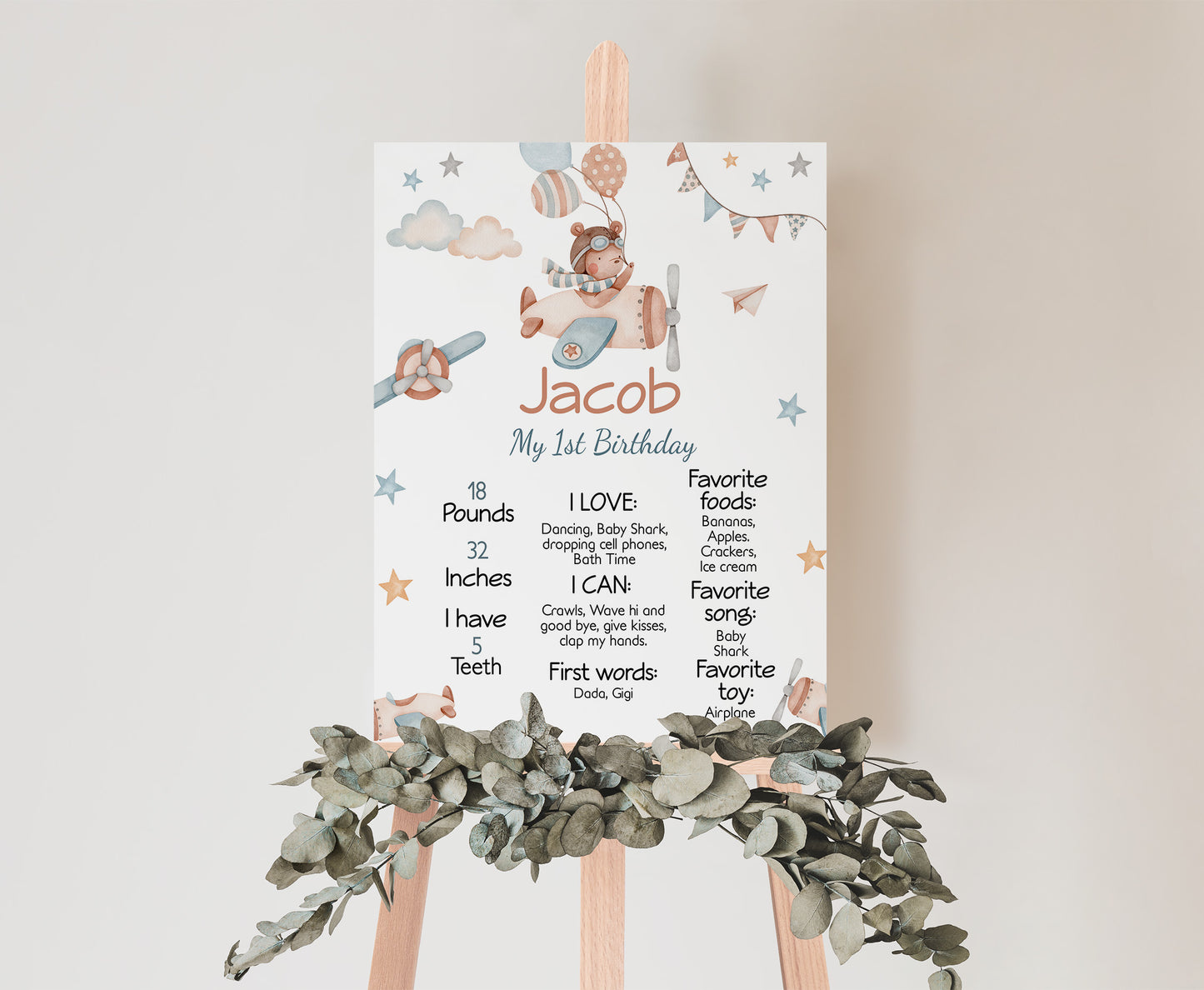 Aviator Milestone Poster | Bear 1st Birthday Decorations - 76C