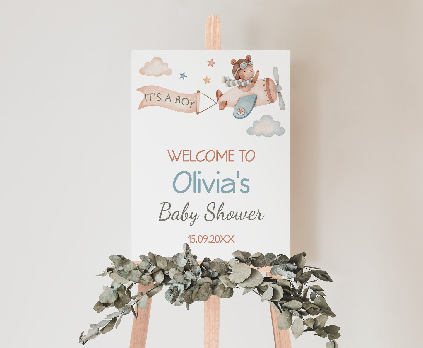 Editable airplane Bear Welcome Sign | It's a boy Baby shower decorations - 76C