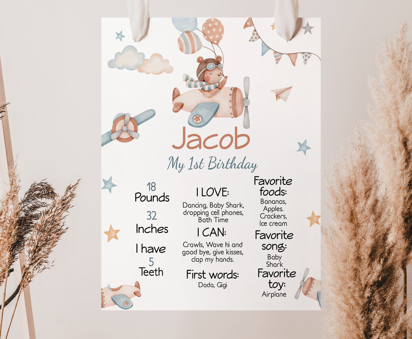 Aviator Milestone Poster | Bear 1st Birthday Decorations - 76C