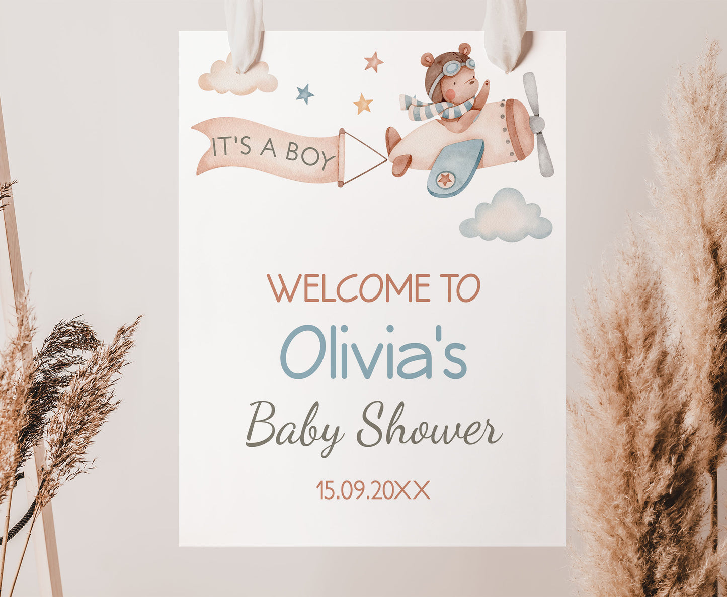 Editable airplane Bear Welcome Sign | It's a boy Baby shower decorations - 76C