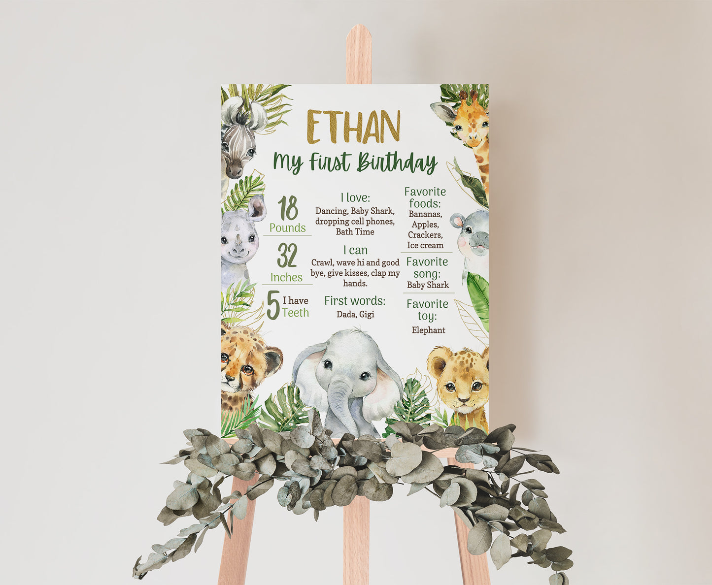 Safari Milestone Poster | Jungle 1st Birthday Decorations - 35A