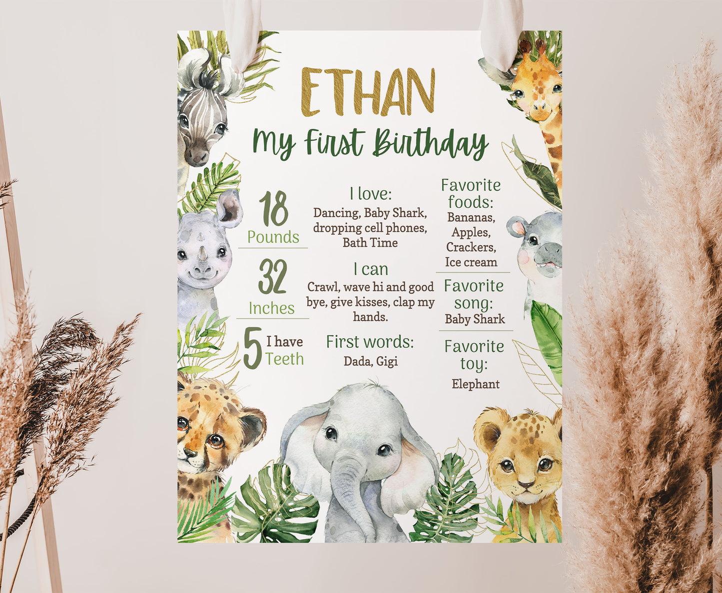 Safari Milestone Poster | Jungle 1st Birthday Decorations - 35A