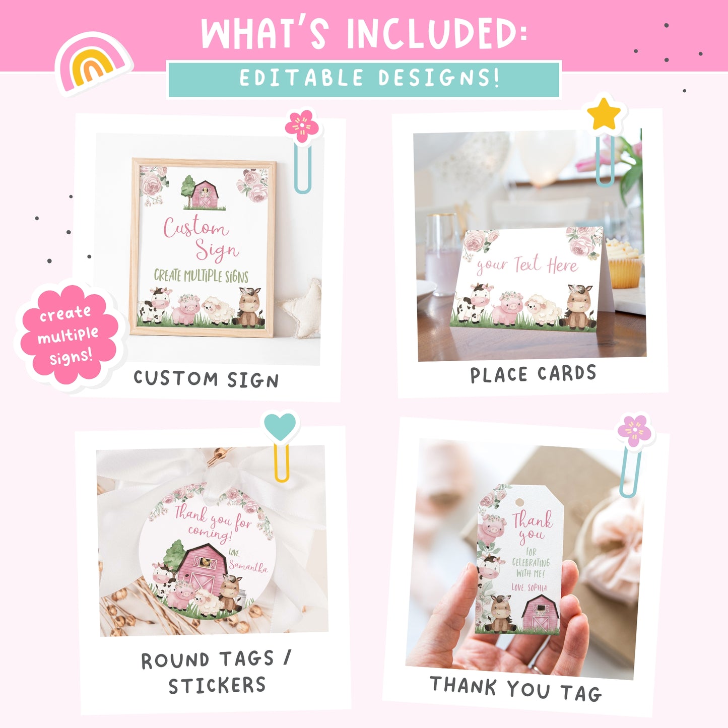 Girl Farm 1st Birthday Bundle | Pink Barnyard Animals One Year Party Decorations Package - 11A