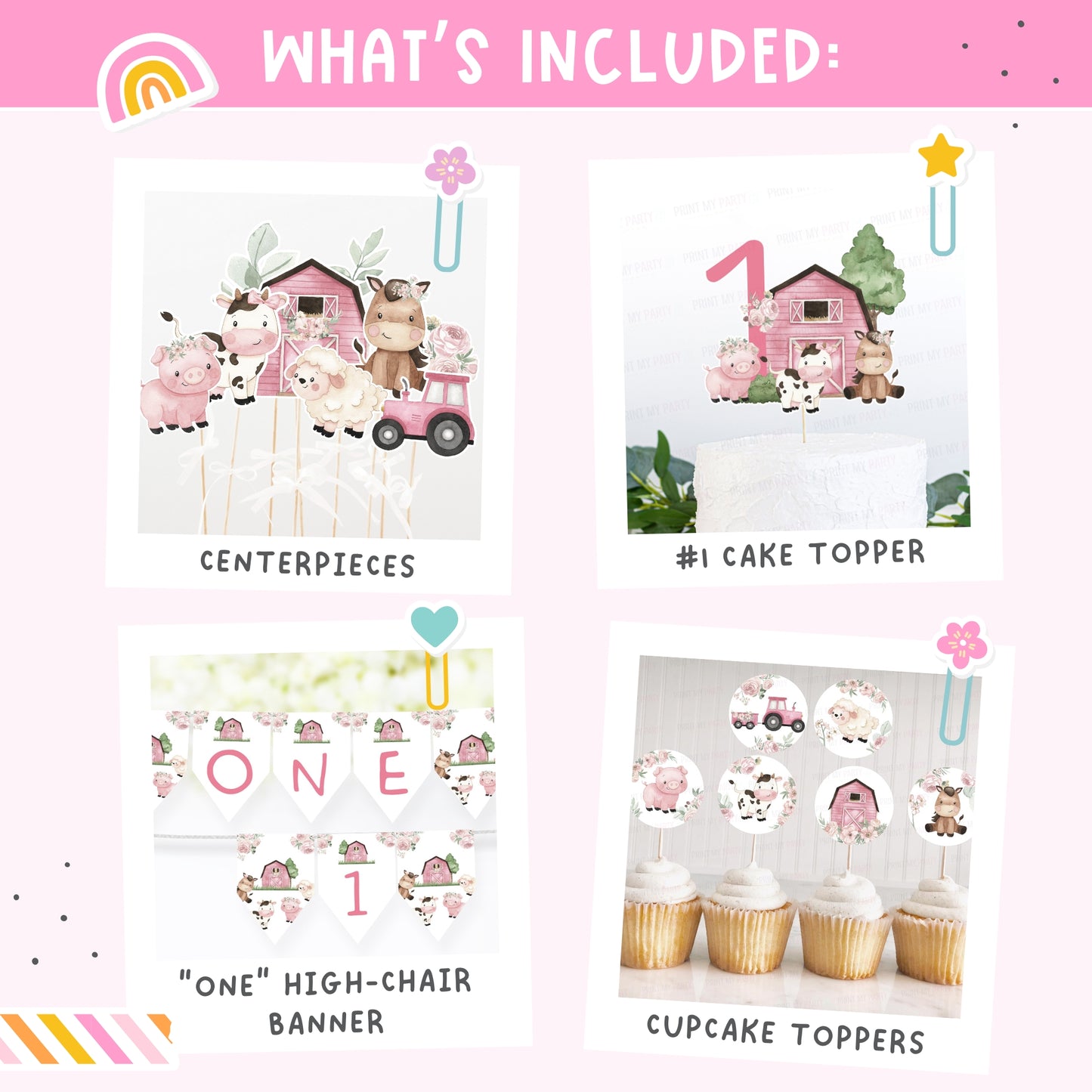 Girl Farm 1st Birthday Bundle | Pink Barnyard Animals One Year Party Decorations Package - 11A