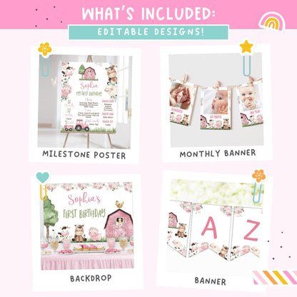 Girl Farm 1st Birthday Bundle | Pink Barnyard Animals One Year Party Decorations Package - 11A