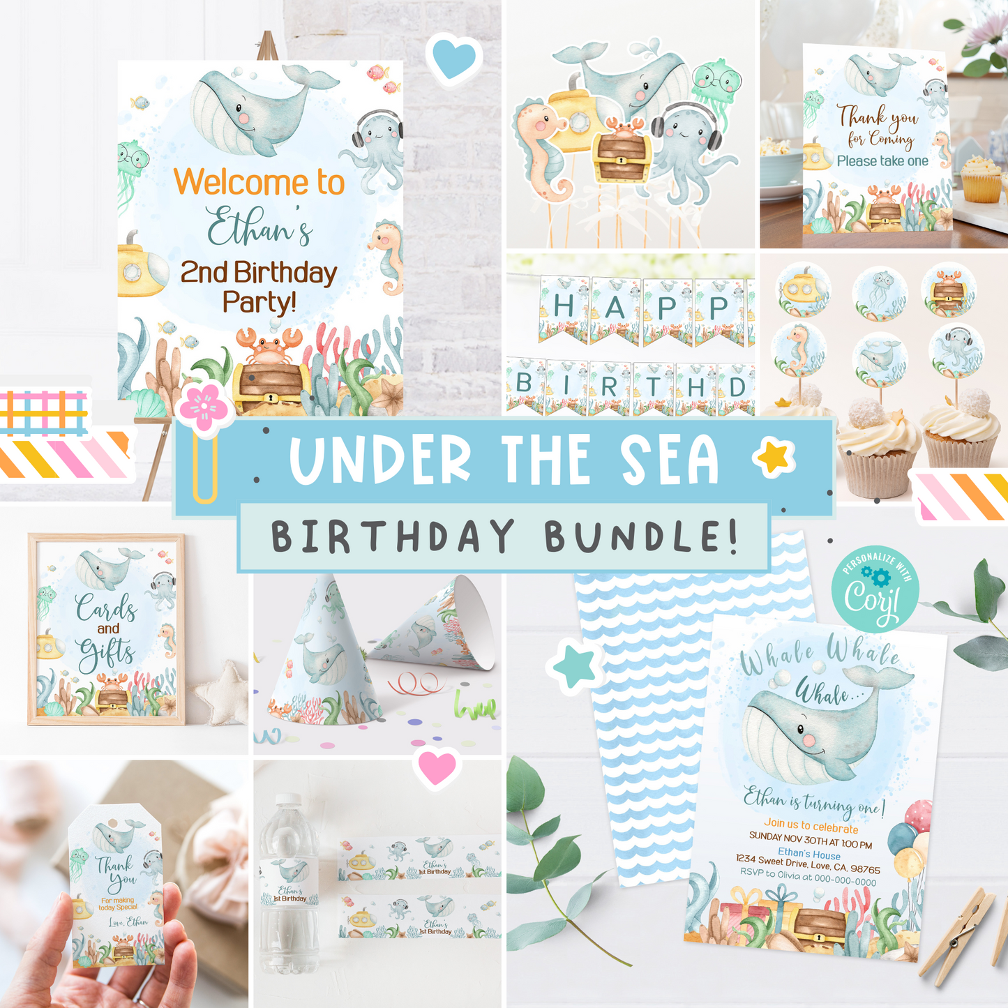 Under the Sea Birthday Bundle | Ocean Animals Party Decorations Package - 44A