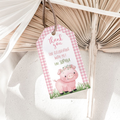 Editable Pink Pig Favor Tags | Pig birthday thank you tags - 81A