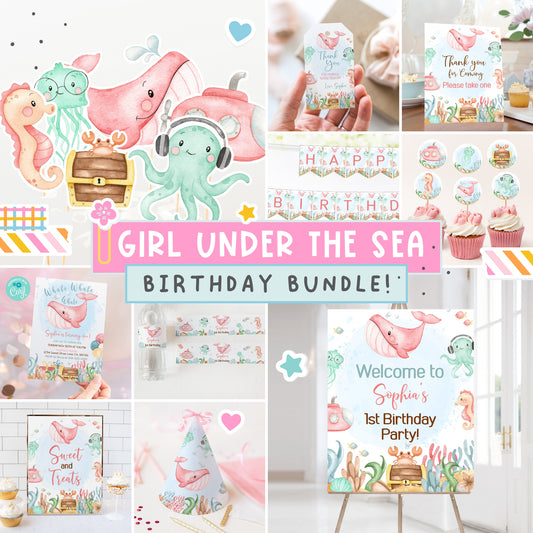 Girl Under the Sea Birthday Bundle | Pink Ocean Animals Party Decorations Package - 44A