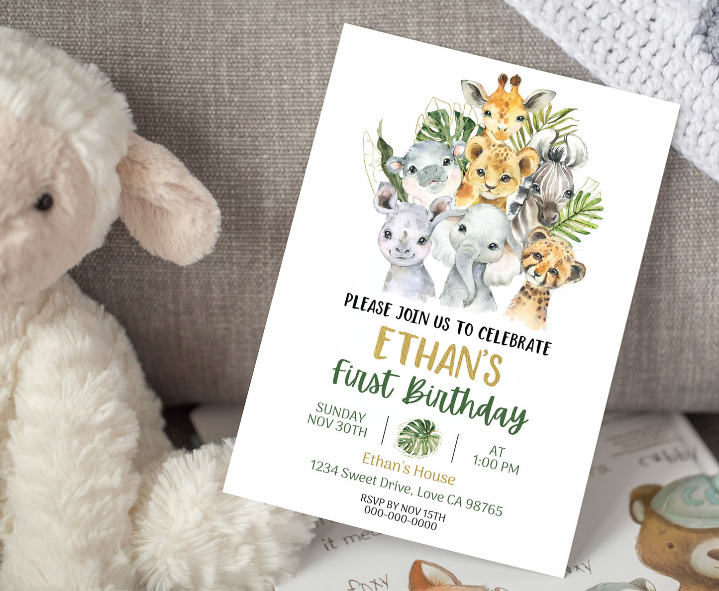 Safari first birthday Invitation | Editable Jungle Animals 1st Birthday Invite - 35A