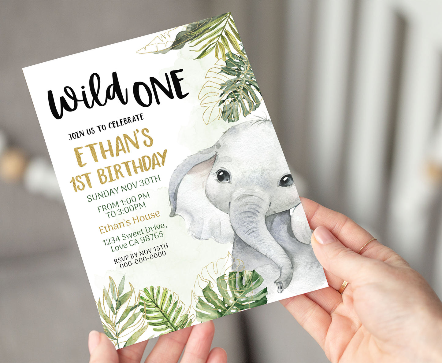 Elephant Wild One Invitation | Editable Safari 1st Birthday Invite - 35A