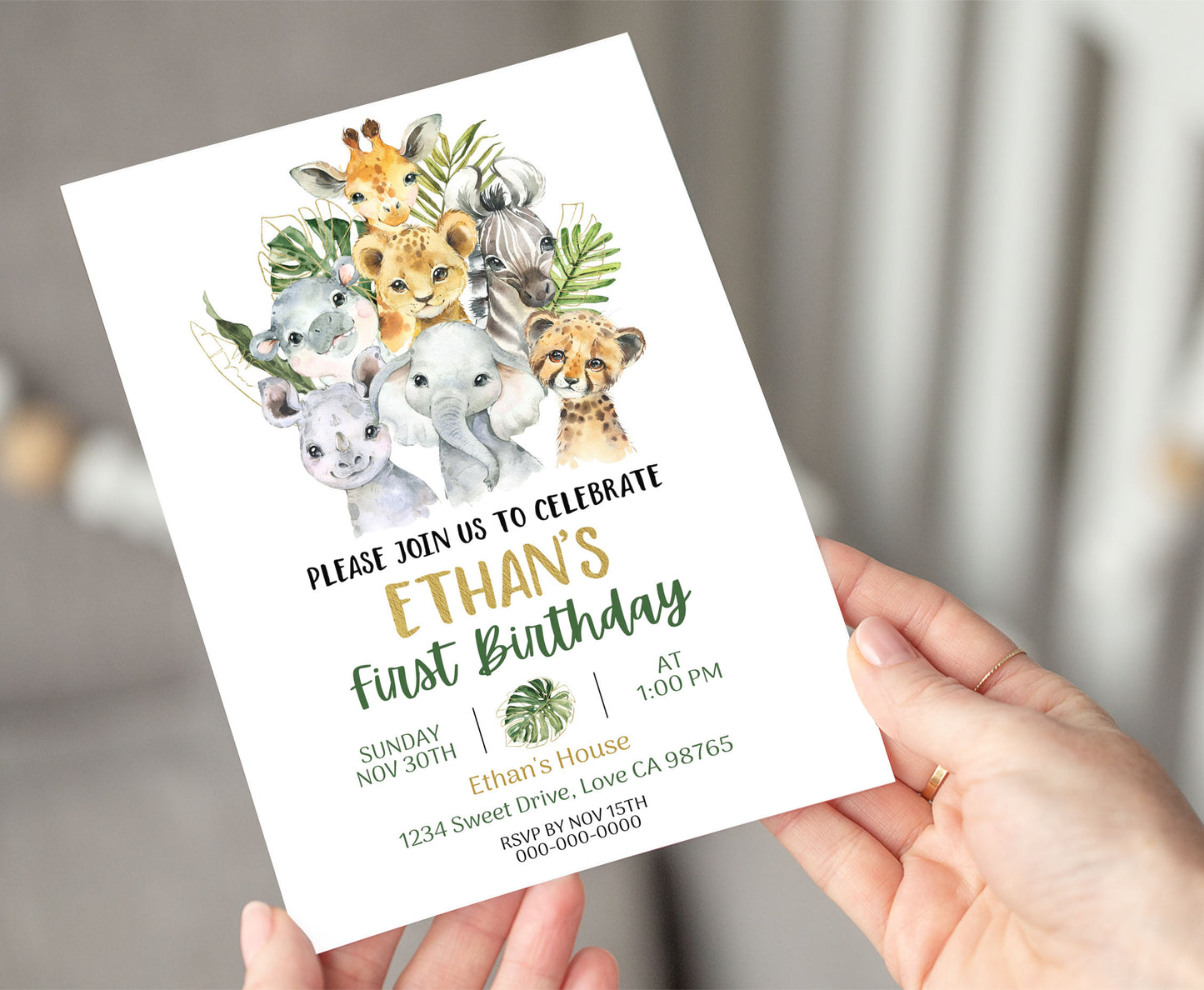 Safari first birthday Invitation | Editable Jungle Animals 1st Birthday Invite - 35A