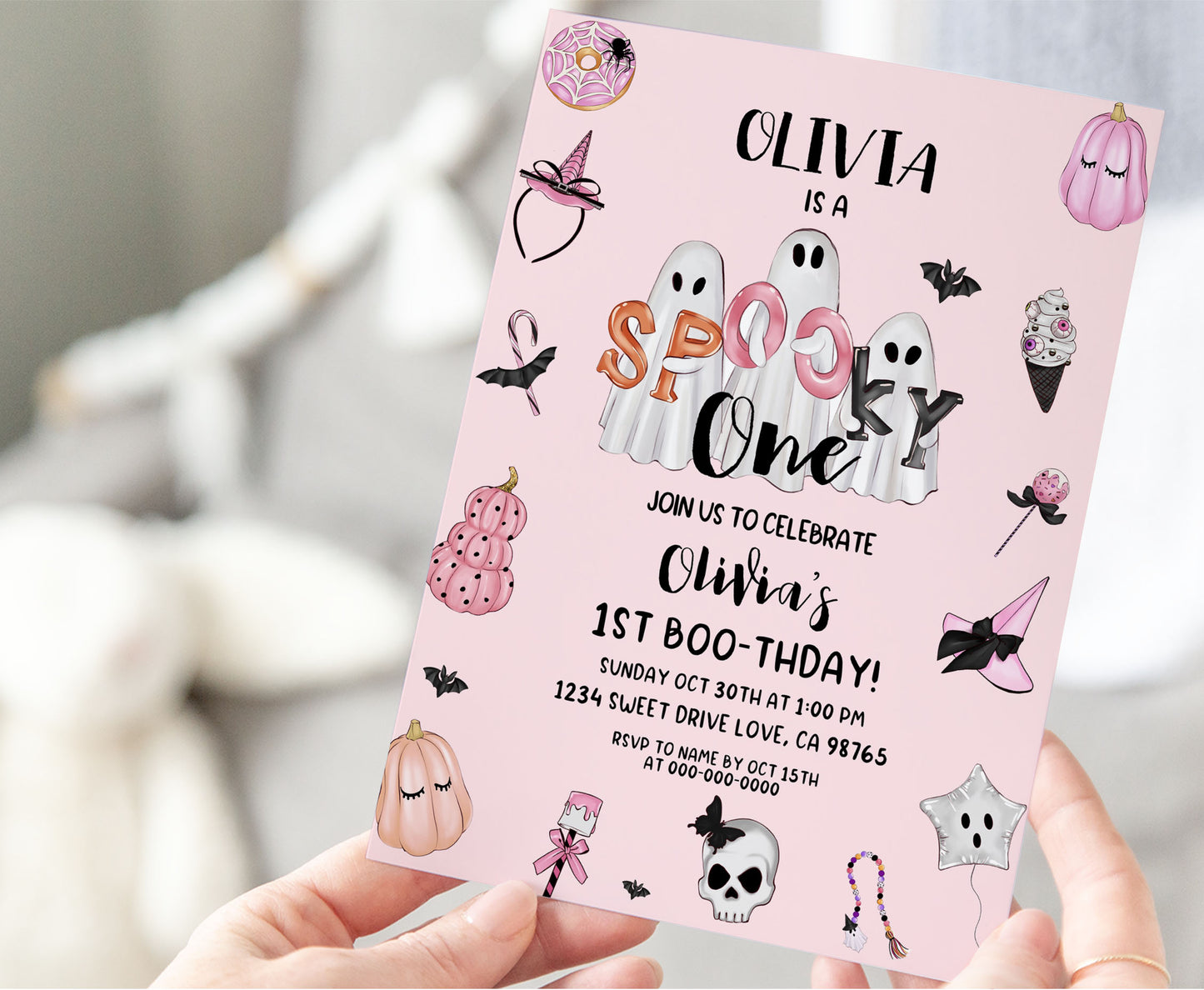 Pink Ghost Halloween Birthday Invitation | Girl Halloween Party Invite - 115S