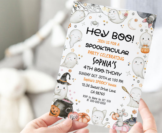 Editable Ghost Halloween Birthday Invitation | Hey boo Party Invite - 115U