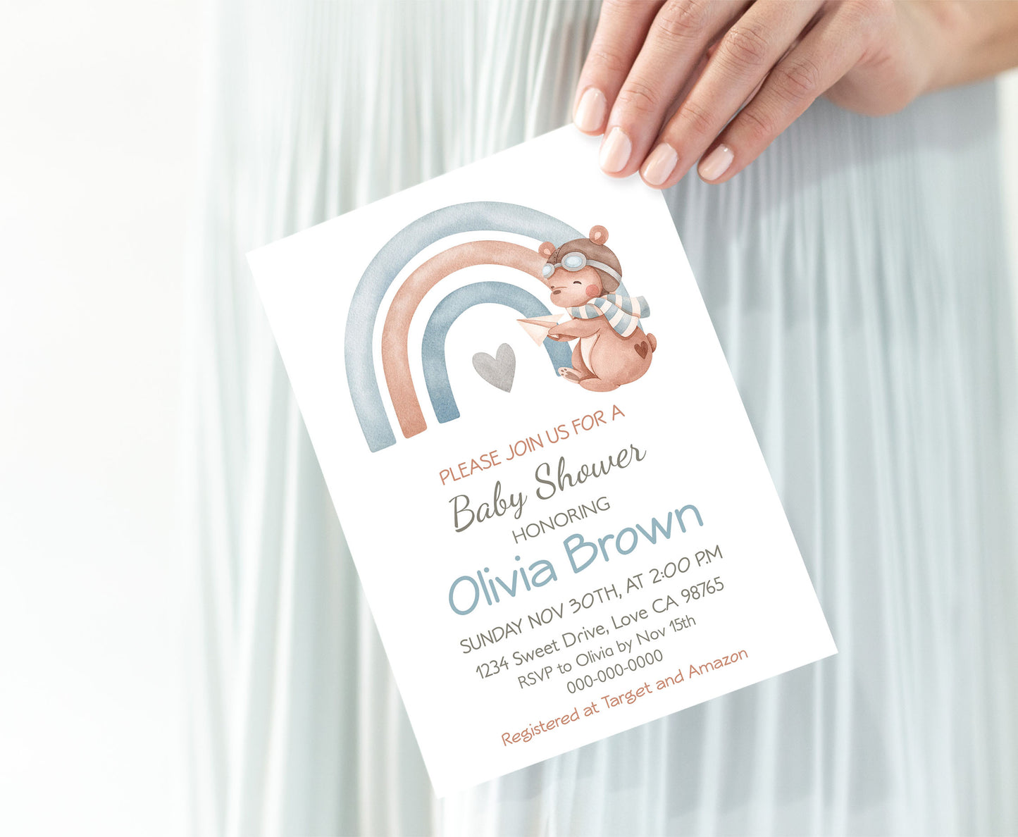 Aviator baby shower invitation | Editable Rainbow boy baby shower invite - 76C