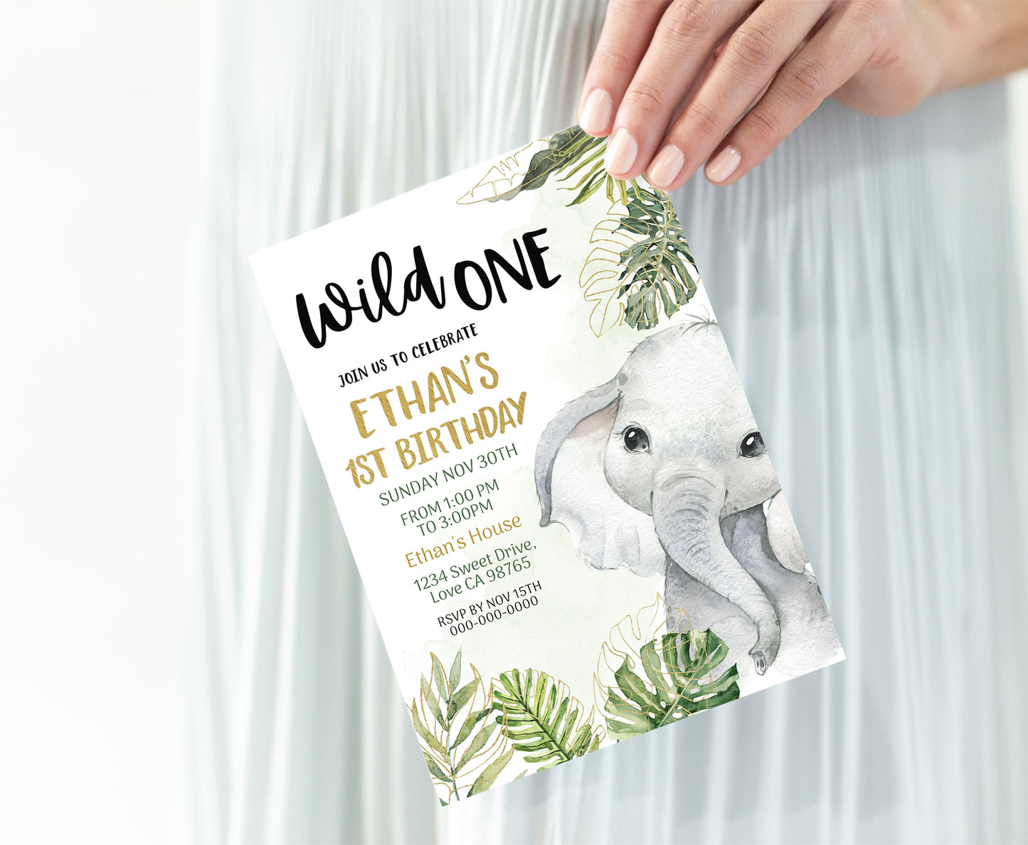 Elephant Wild One Invitation | Editable Safari 1st Birthday Invite - 35A