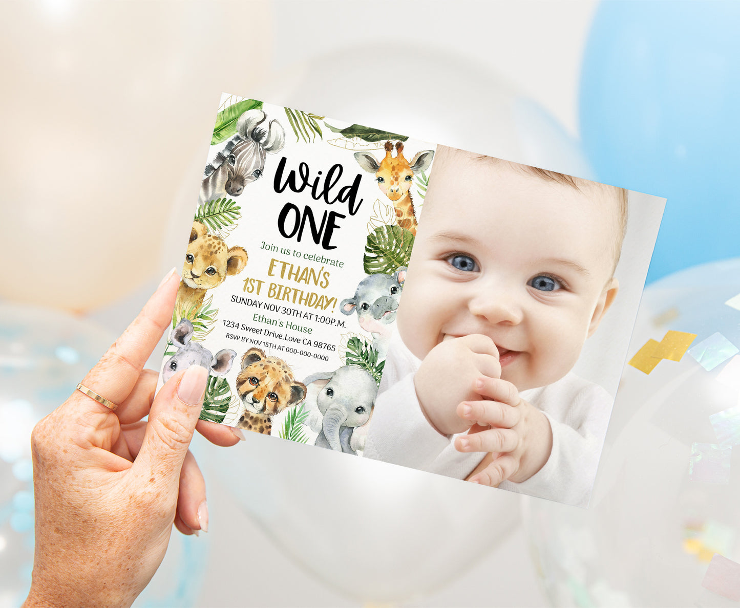 Editable Safari Photo Invitation | Jungle animals Birthday Invite - 35A