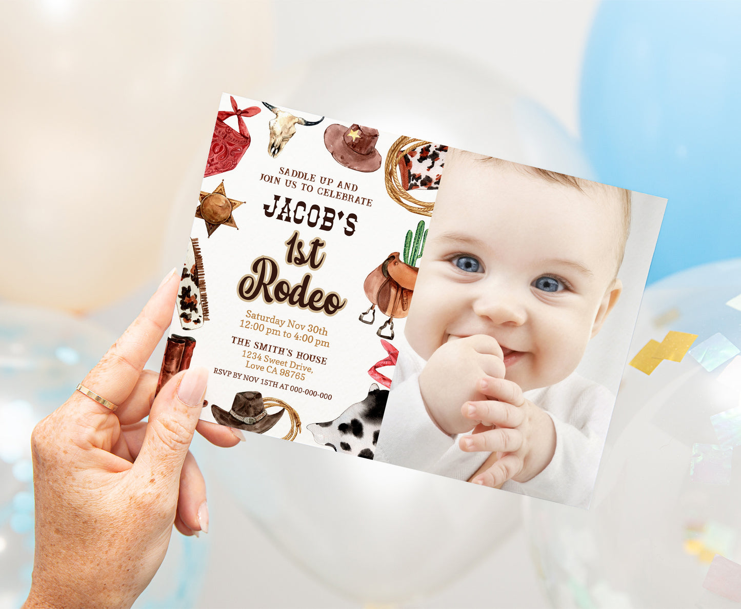 Editable Cowboy Photo Invitation | First rodeo Birthday Invite - 34A